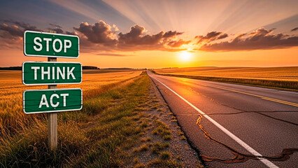 Road sign with the words STOP, THINK, ACT and concept of Direction in nature.