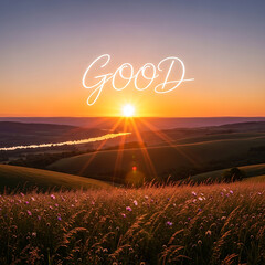 Radiant golden sun sets over a tranquil summer landscape with rolling hills and blooming wildflowers, evoking a beautiful, serene, and optimistic feeling
