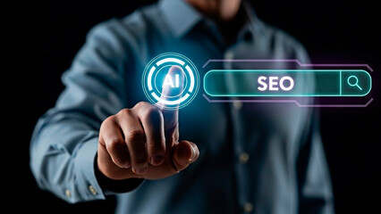 A man interacting with a digital interface for AI SEO concept.