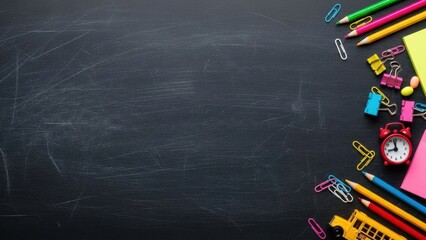 Colorful school supplies on black chalkboard background