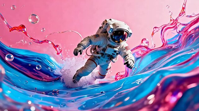 Astronaut surfing colorful liquid waves