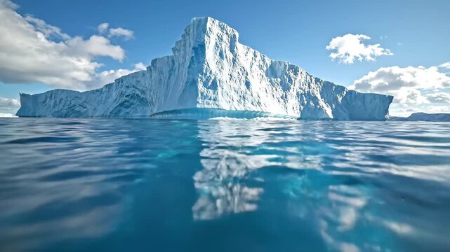 Split view of a massive iceberg above and below the water surface in the ocean under a blue sky with clouds, 4k