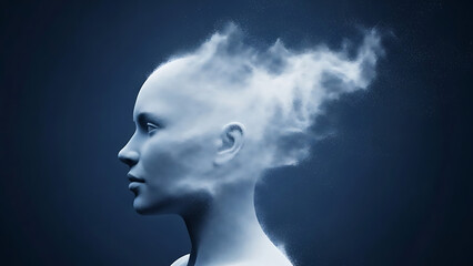 Ethereal profile of a human head with the brain area transforming into swirling, wispy smoke, symbolizing profound thought, imagination, and mental exploration