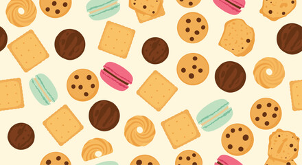 A sweet and colorful seamless pattern background with a variety of delicious cookies, crackers, and French macarons for a bakery theme.