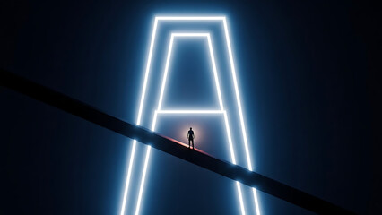 Solitary figure on a luminous digital pathway approaches a colossal glowing neon letter A, symbolizing ambition and the dawn of a new, technologically advanced era