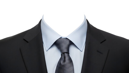 Impeccably tailored black suit jacket paired with a vibrant blue dress shirt and a sophisticated dark tie, embodying corporate elegance and readiness for any professional endeavor