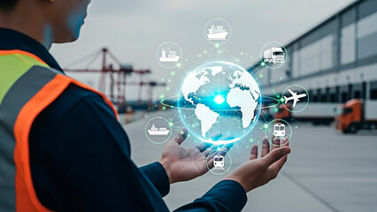 A logistics worker displaying a globe for the concept of global transport and trade.