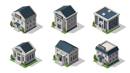 Isometric 3D vector illustration of bank buildings in various architectural styles, modern to classical, isolated on white, ideal for finance and city infographics © meeblues
