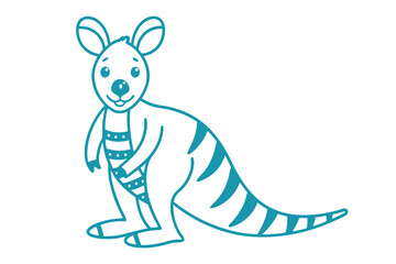 Teal cartoon kangaroo stands with hands on pouch, looking cheerful on white © Shipon