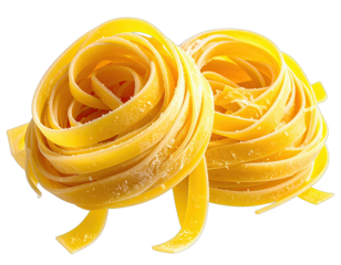 Close-up of two nests of fresh, bright yellow, uncooked fettuccine pasta isolated on black