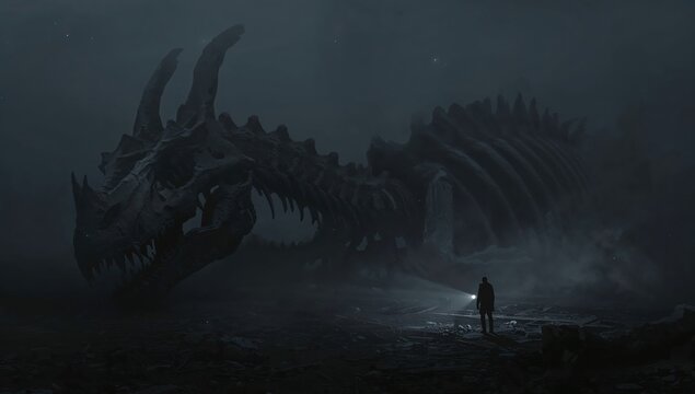 Epic dark fantasy environment with giant dragon bones representing myth history and ominous atmosphere