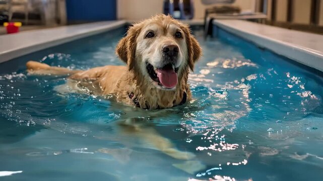 Medium shot of a dog enjoying an indoor hydrotherapy pool session with professional equipment designed for gentle waterbased rehabilitation.