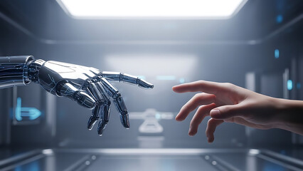 Close-up of a robotic hand reaching out to touch a human finger, symbolizing the connection between humans and artificial intelligence in a futuristic setting