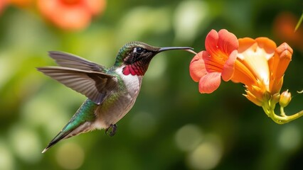 Fototapeta premium Ruby-Throated Hummingbird Feeding Nectar from a Vibrant Orange Trumpet Flower in a Lush Green Garden
