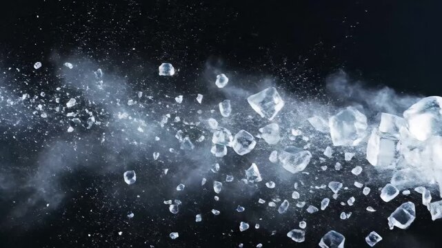Scattered ice cubes exploding in motion against a dark background, 4k