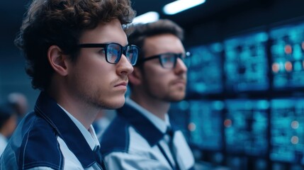 Scalable AI infrastructure, Two focused individuals monitor data screens in a tech environment, showcasing concentration and teamwork in a high-tech setting.
