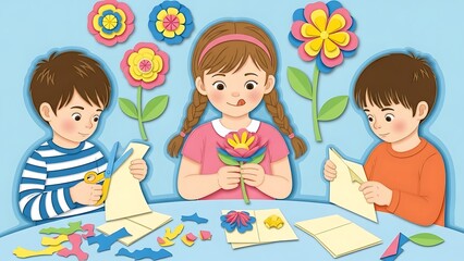 Fototapeta premium Children Crafting Paper Flowers at Table with Scissors