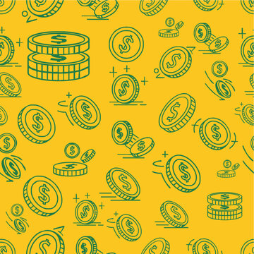 Seamless pattern of dollar coins line art with green outlines on yellow background, finance and economy concept