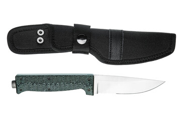 Fixed blade hunting knife with a green textured G10 handle and a durable black nylon belt sheath isolated on a white back