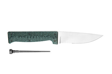 Fixed blade hunting knife with a green textured handle and a removable diamond sharpening rod, isolated on a white back