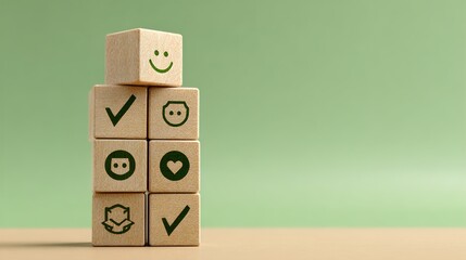 Wooden Blocks with Checkmarks and Icons Representing Quality, Trust, and Business Strategy