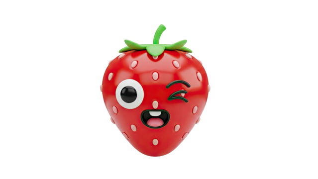 3D Cute Winking Strawberry Character with Funny Face on transparent background - Powered by Adobe