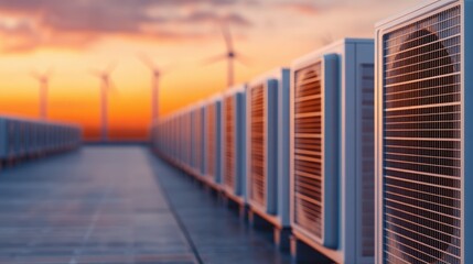 Scalable AI infrastructure, A row of air conditioning units against a sunset backdrop with wind turbines, highlighting sustainable energy and modern cooling solutions.