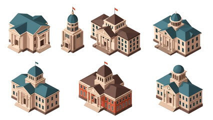 Isometric 3D vector illustration of courthouse buildings in various architectural styles, legal institutions isolated on white, ideal for justice infographics