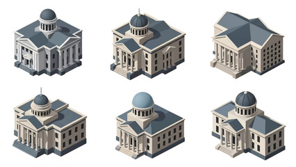Isometric 3D vector illustration of courthouse buildings in various architectural styles, legal institutions isolated on white, ideal for justice infographics