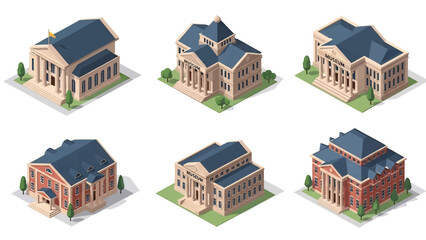 Isometric 3D vector illustration of museum buildings in different architectural styles, cultural institutions isolated on white, ideal for art and culture visuals