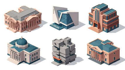 Isometric 3D vector illustration of museum buildings in different architectural styles, cultural institutions isolated on white, ideal for art and culture visuals