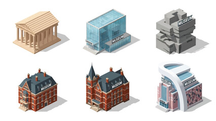 Isometric 3D vector illustration of museum buildings in different architectural styles, cultural institutions isolated on white, ideal for art and culture visuals