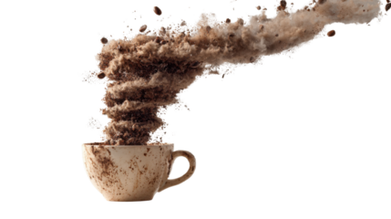 Coffee cup exploding with dynamic dark powder and roasted beans forming a powerful tornado swirl, transparent background