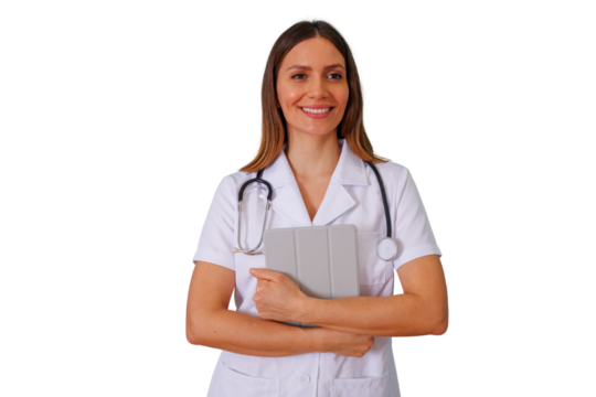 Female doctor smiling, wearing stethoscope and white coat, holding digital tablet for healthcare technology, transparent background - Powered by Adobe