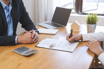 Asian tenant, client man sign signature contract rental purchase, buyer home or apartment with landlord, realtor after banker agreement mortgage, loan success or done. Property lease agent concept.