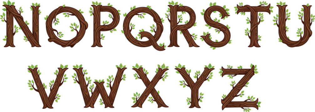 Cartoon Woody Letters N to Z Created from Tree Trunks and Branches with Green Leaves, Isolated on White Background