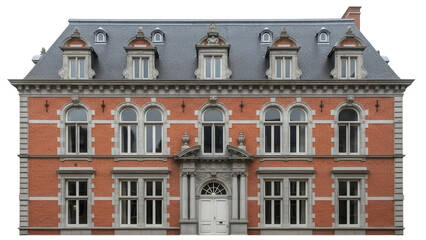 Fototapeta premium Elegant red brick mansion isolated PNG on transparent background, classic architecture with dormer windows and stone accents for design projects