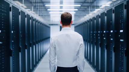 Fototapeta premium Scalable AI infrastructure, A person in a white shirt stands in a data center, surrounded by rows of server racks, highlighting technology and information infrastructure.