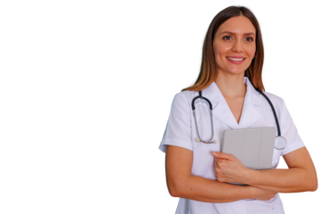 Female doctor or nurse smiling and holding a digital tablet in a white coat with a stethoscope, transparent background