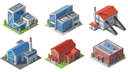 Isometric 3D vector illustration of recycling center buildings in various architectural styles, isolated on white, ideal for environmental graphics