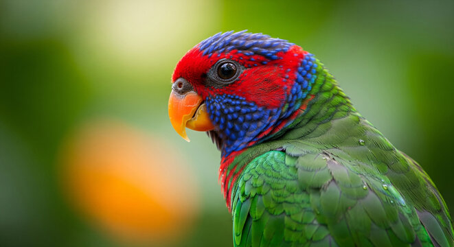 Exotic Blue-Crowned Hanging Parrot Perched on a Mossy Branch in Tropical Jungle