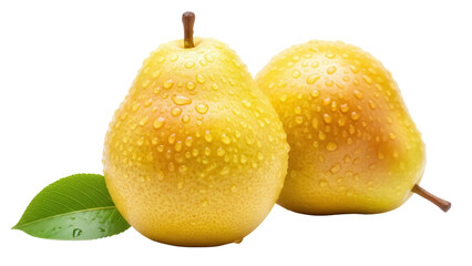 Two ripe yellow pears with water droplets PNG isolated on transparent background, fresh fruit for healthy eating and summer recipes