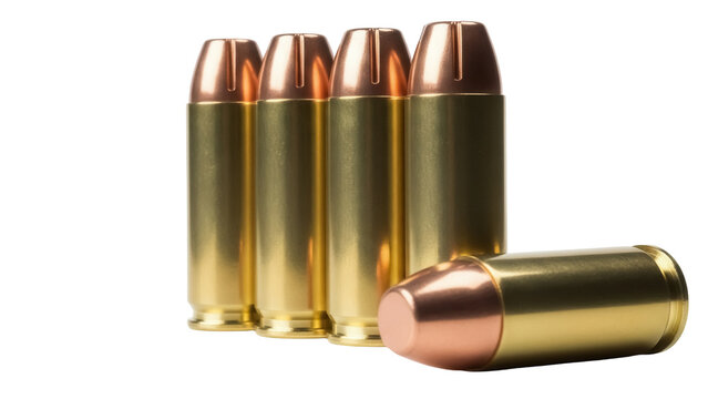 Four 45 ACP bullets standing isolated PNG, ammunition for firearms and self-defense on transparent background