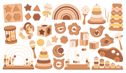 Educational wooden children games, preschool activities concept. Wooden blocks, xylophone, pyramid, montessori games. Flat vector illustration