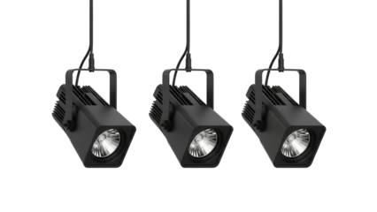 Three black spotlights isolated PNG on transparent background, modern ceiling lighting fixtures for interior design and architectural visualization