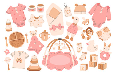 Baby girl care items. Newborn accessories set. Supplies for feeding and caring for newborns and infants. Flat vector illustration