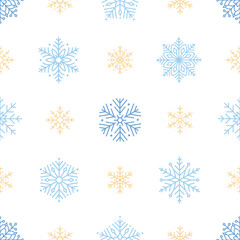 Seamless pattern with cute minimalistic snowflakes. Festive winter holiday design for Christmas, New Year. Perfect for banner, wallpaper, wrapping paper, background, card, poster. Vector illustration