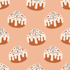 Seamless pattern with cute cinnamon roll with sugar glaze and chocolate. Swirl cinnamon bun. Perfect for banner, wallpaper, wrapping paper, background, card, poster. Vector illustration