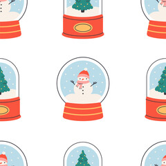 Seamless pattern with cute glass snow globes. Gentle winter holiday design for Christmas, New Year. Perfect for banner, wallpaper, wrapping paper, background, card, poster. Vector illustration