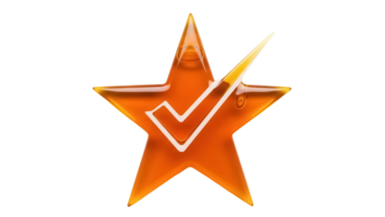 Golden star with check mark isolated PNG, shiny award symbol on transparent background for success and achievement concepts
